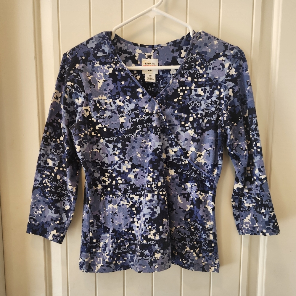 Ruby Rd. V-neck, 3/4 Sleeve sleeve, blue multicolored faux wrap top, Size PS